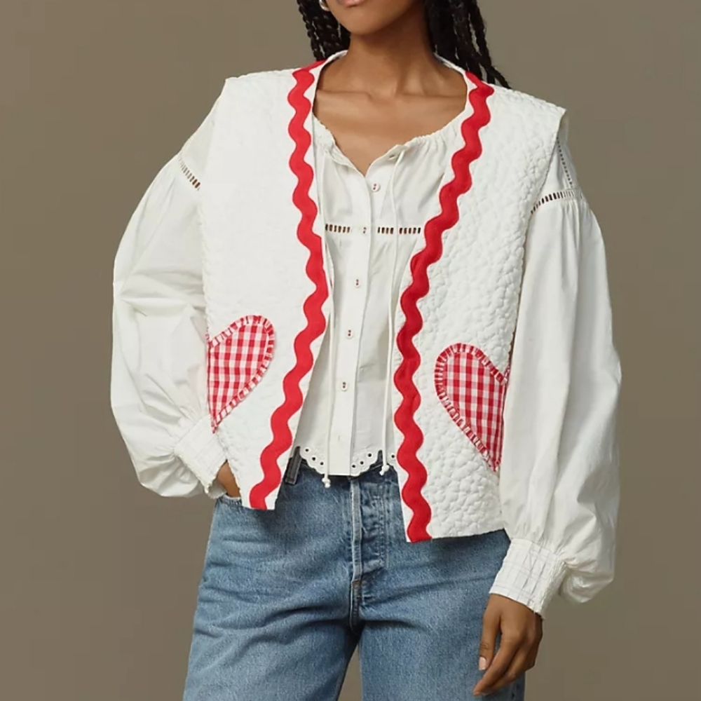 Women’s White Quilted Vest with Red Trim and Heart Patches